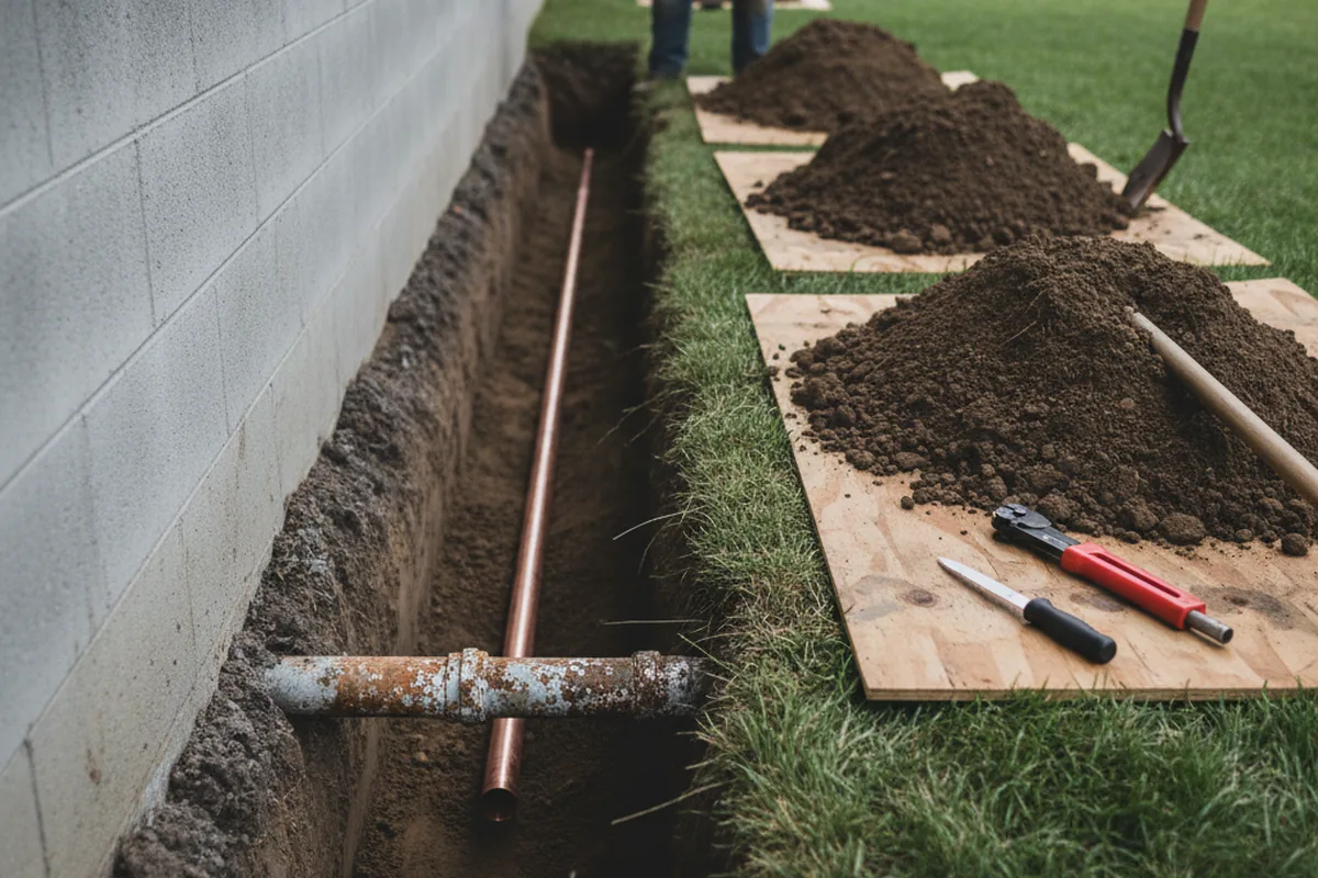 Excavated water line trench during Sewer Line Repair in Gloversville